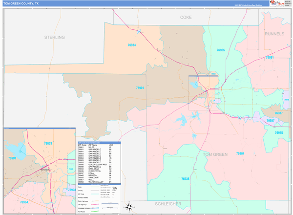 Tom Green County, TX Wall Map Color Cast Style
